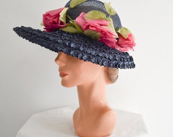 1950s/60s Navy Straw Hat with Pink Roses