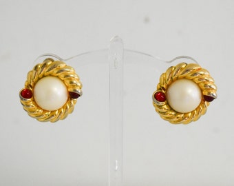1970s/80s Faux Pearl and Red Stone Clip Earrings