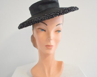 1940s Black Straw Brimmed Hat