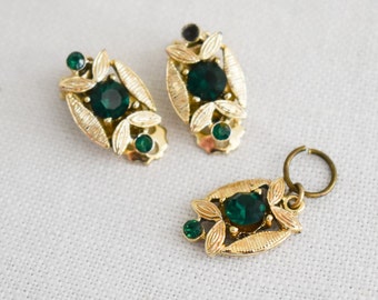 Vintage Gold Metal and Green Rhinestone Clip Earrings and Pendant Set