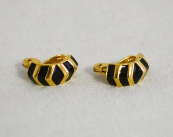 1980s Monet Black and Gold Clip Earrings