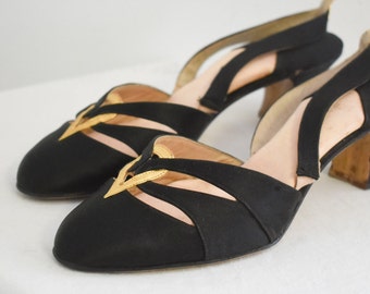 1930s Black Satin and Gold Leather Boudoir Slippers