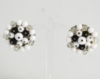 1960s White and Black Bead Cluster Clip Earrings