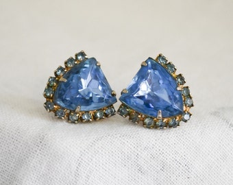 1950s Blue Rhinestone Screw Back Earrings