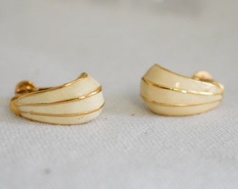 1980s Napier Cream Enamel and Gold Hoop Clip Earrings