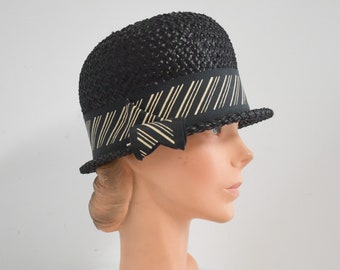 1960s Black Straw Hat with Striped Band