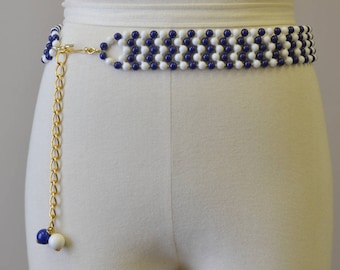 1960s Blue and White Chevron Beaded Belt