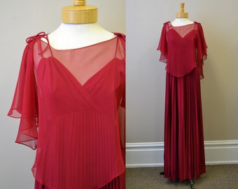 Brass Accent Winter Red Cranberry Wine Dress Size Small Dress 70s Red Maxi Dress Vintage Red Long Dress Autumnal Red Formal Dress