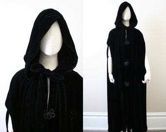 Long BLACK Velvet Hooded Halloween Adult Costume Cape Unisex Black Panne New