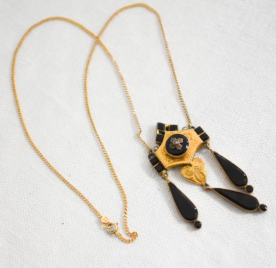Vintage Black Glass and Gold Pendant and 14K Gold… - image 1
