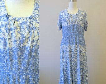 1940s Blue Floral Jersey Dress