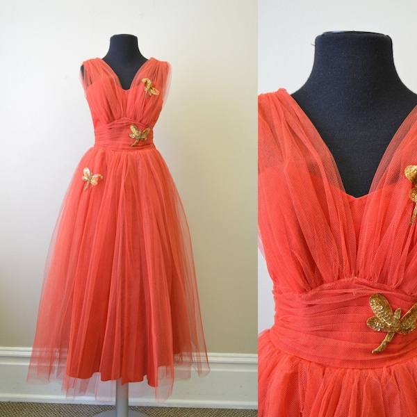 Late 40s/Early 50s Fred Perlberg Red Tulle Dress with Dragonfly Appliques