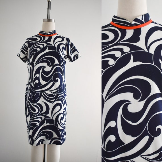 1960s Navy and White Knit Swirl Print Dress - image 1