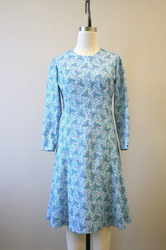 1970s Blue Printed Polyester Knit Dress - image 2