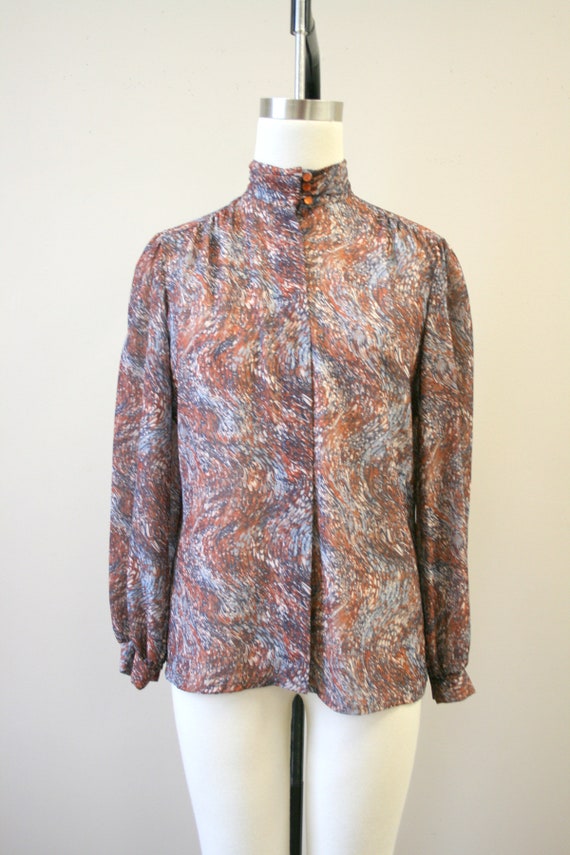 1980s Brown Marbled Print Blouse - image 2
