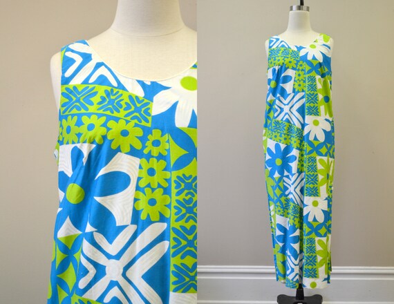1960s Alice Polynesian Daisy Print Maxi Dress