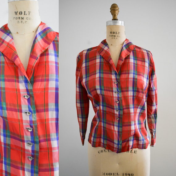 1940s Red Plaid Taffeta Blouse - image 1