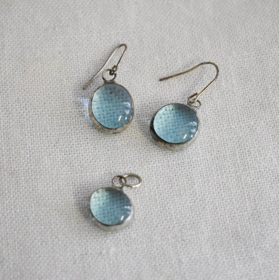 1990s Blue Glass Pebble Earrings and Pendant