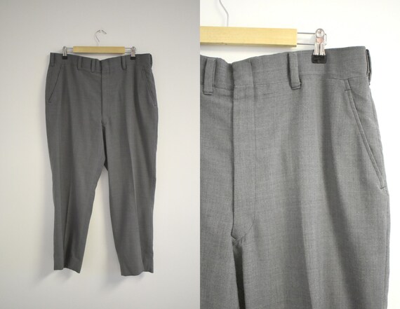 Mens 1960s Flat Front Wool Trousers with Tapered Legs