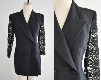 1990s Black Blazer with Lace Sleeves