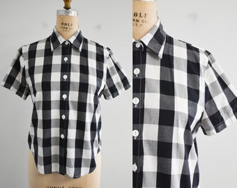 1990s/Y2K Black and White Gingham Blouse