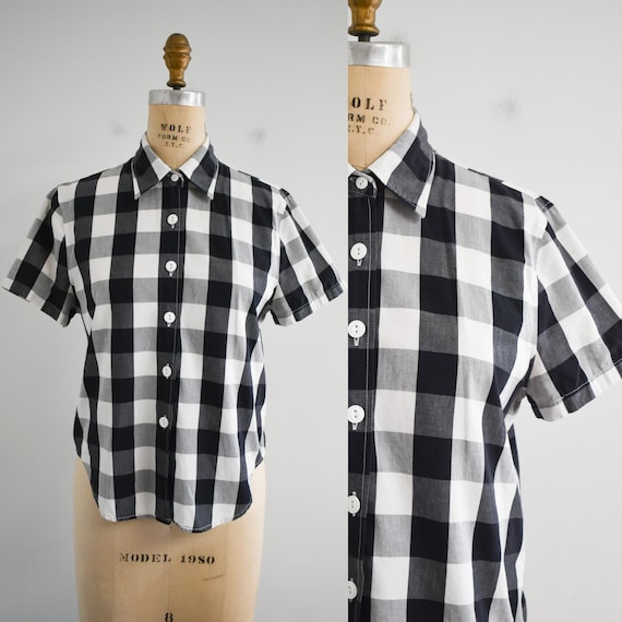 1990s/Y2K Black and White Gingham Blouse