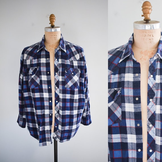 1970s/80s Blue Plaid Flannel Shirt - image 1