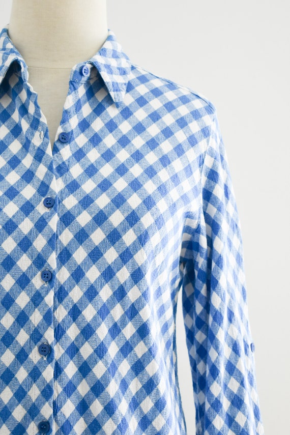 1990s Blue Gingham Linen Blend Blouse - image 3