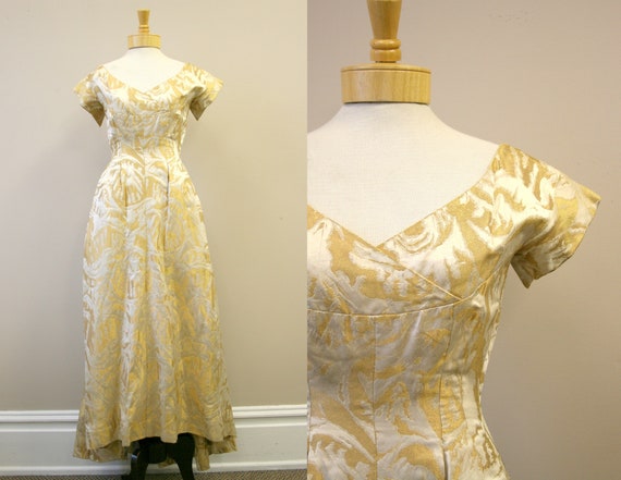 1950s Gold and Cream Brocade Evening Gown