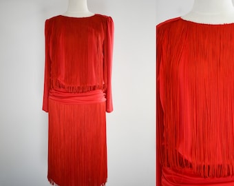1980s Red Fringe Midi Dress