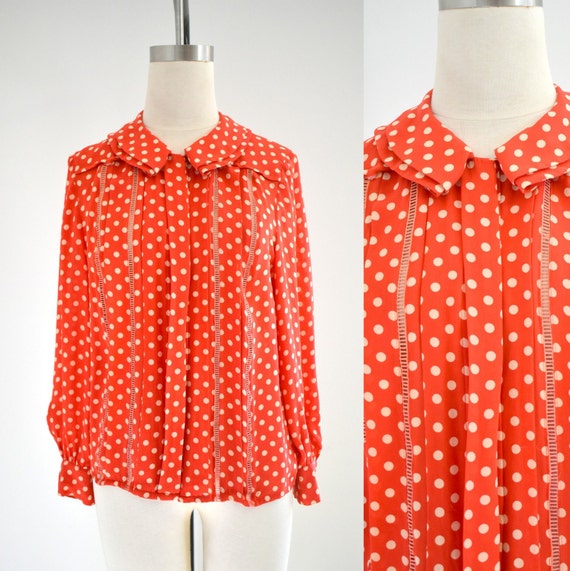 1970s Red Polka Dot Silk Blouse