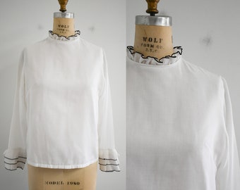 1960s White Blouse with Ruffled Neck and Cuffs