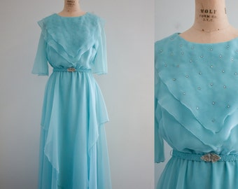 1970s Mike Benet Aqua Chiffon Maxi Dress