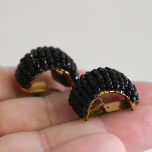 1950s Black Beaded Half Hoop Screw Back Earrings