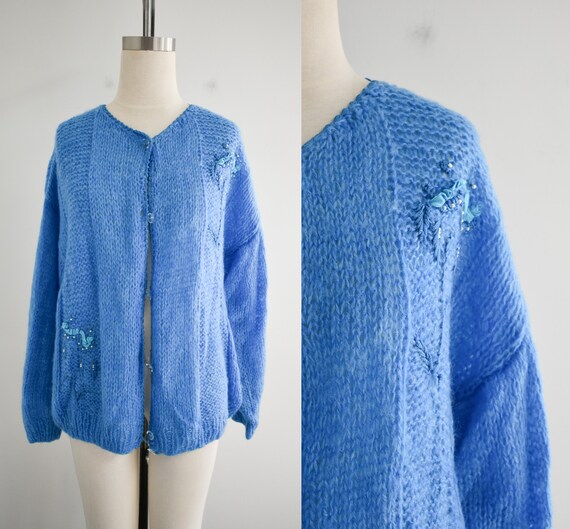 Vintage Italian Mohair Knit Cardigan with Embroidered Florals (S)