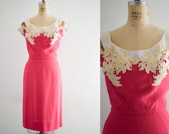 1950s/60s Peggy Hunt Hot Pink Floral Appliqué Wiggle Dress