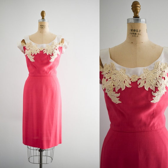 1950s/60s Peggy Hunt Hot Pink Floral Appliqué Wig… - image 1