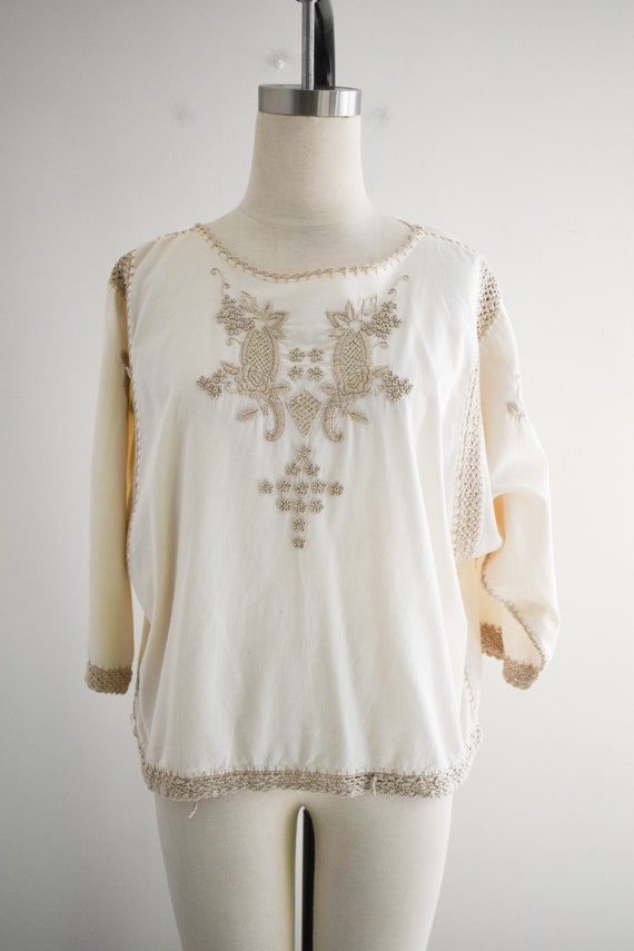 1980s Beige Blouse with Embroidery and Crochet Tr… - image 2
