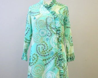 1960s Betty Hartford Green Printed Ruffled Dress