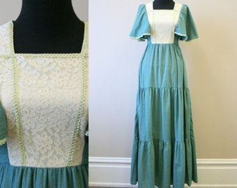 1970s Peggy Barker Green Prairie Maxi Dress