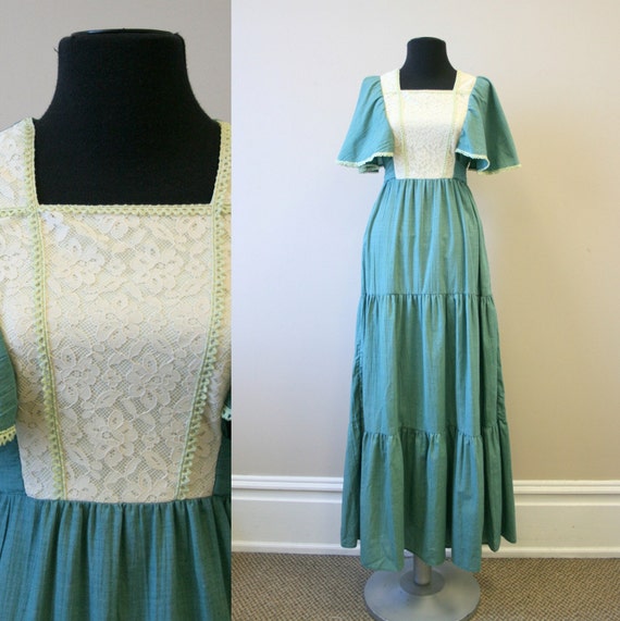 1970s Peggy Barker Green Prairie Maxi Dress - image 1