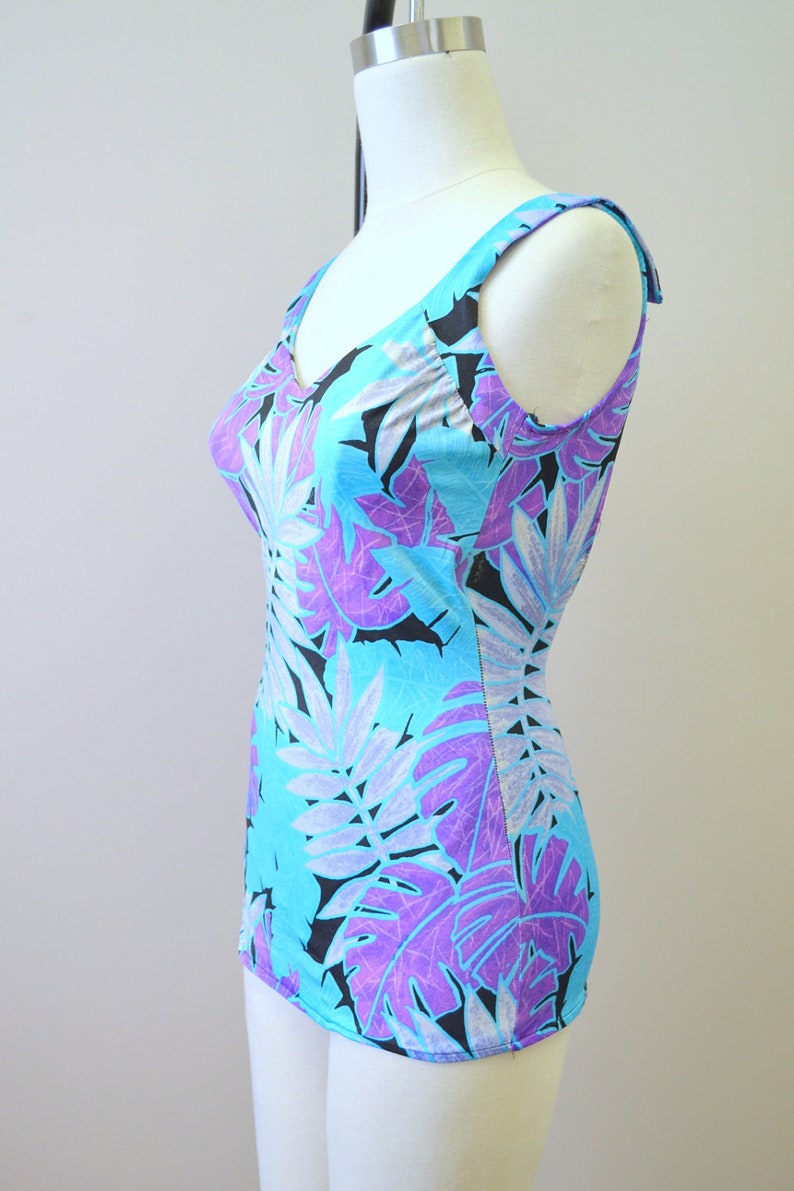 1970s Maxine of Hollywood Blue Leaf Print Swimsuit - Etsy