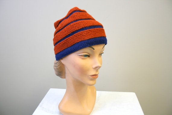 1940s Navy and Orange-Red Striped Wool Knit Hat - image 2