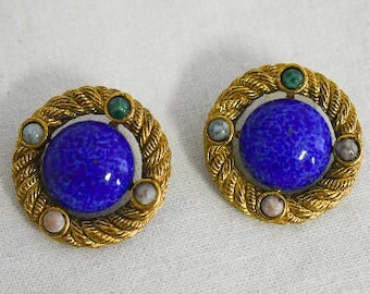 1980s Glass Cabochon Circle Pierced Earrings