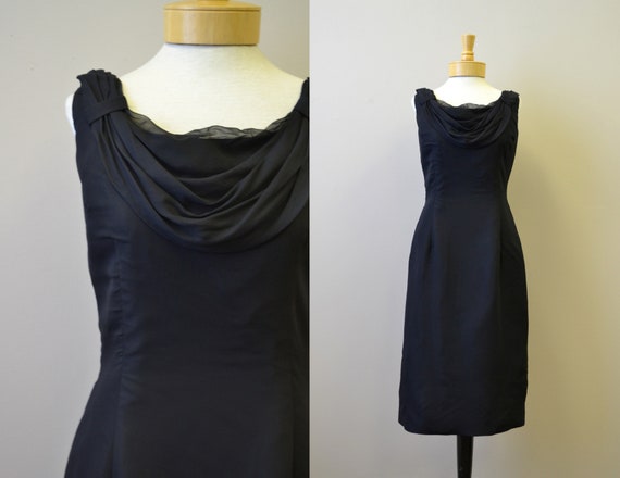 1950s Melbray Black Chiffon Wiggle Dress