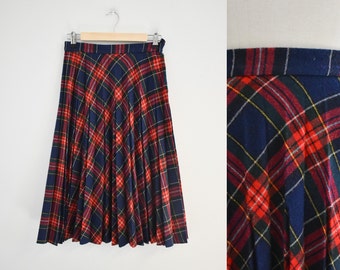 1970s/80s Navy and Red Plaid Pleated Skirt