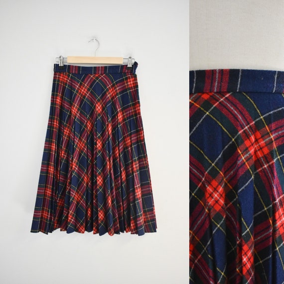 1970s 80s Navy and Red Plaid Pleated Skirt Etsy