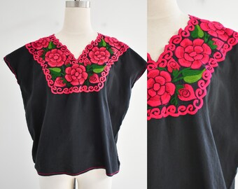 Vintage Black and Hot Pink Floral Embroidered Blouse