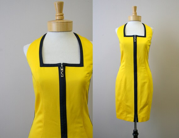 1990s Thierry Mugler Yellow Cotton Zip Front Dress