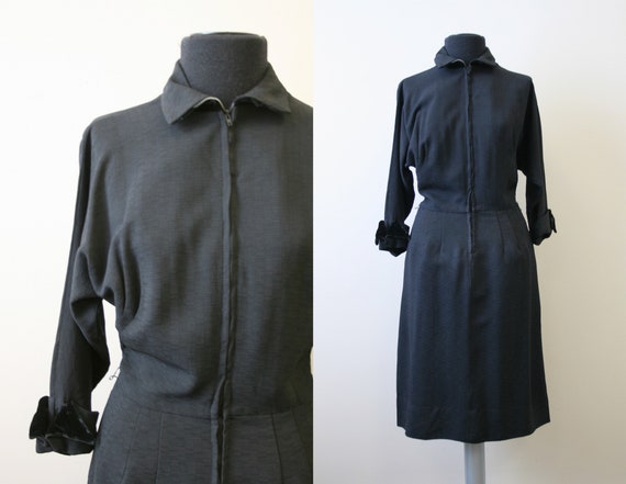 1940s Black Zip Front Rayon Dress